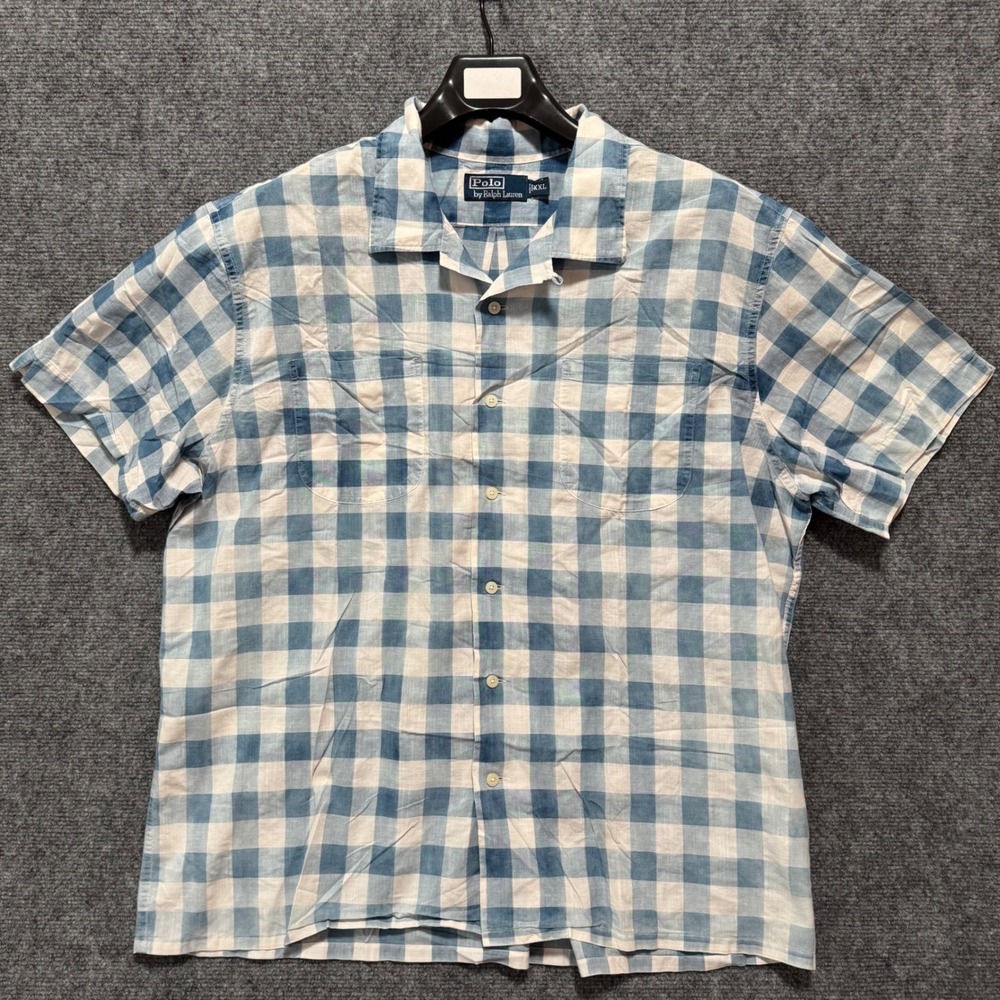 Polo Ralph Lauren Shirt 2XL Mens Blue Gingham Cotton Camp Collar Short Sleeve